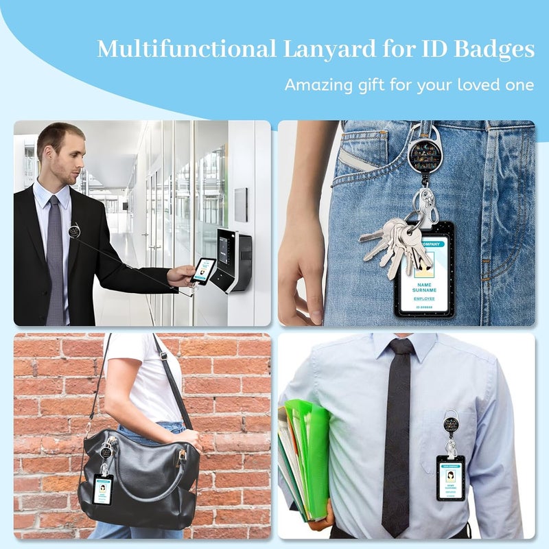 Hancynir Skull Black Cat Bookshelf Lanyards for Id Badges, Funny Cute Badge Holder with Retractable Reel Clip, Work Name Tags Keychain Lanyard with ID Holder, Card Protector for Women Men Office Gifts - Image 3